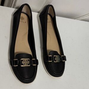 Nola Black Leather Flats with Gold Accent